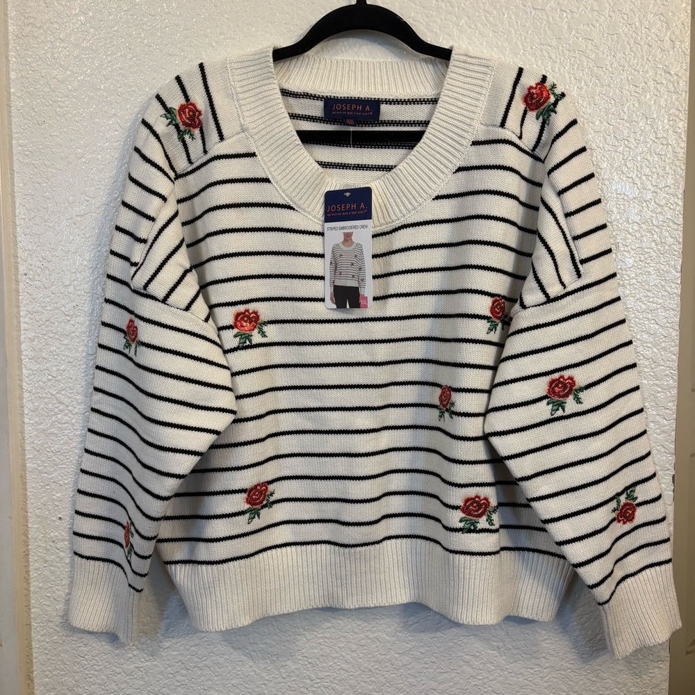 Joseph A. Striped‎ Embroidered Crewneck Sweater Women XXL White, Black Floral